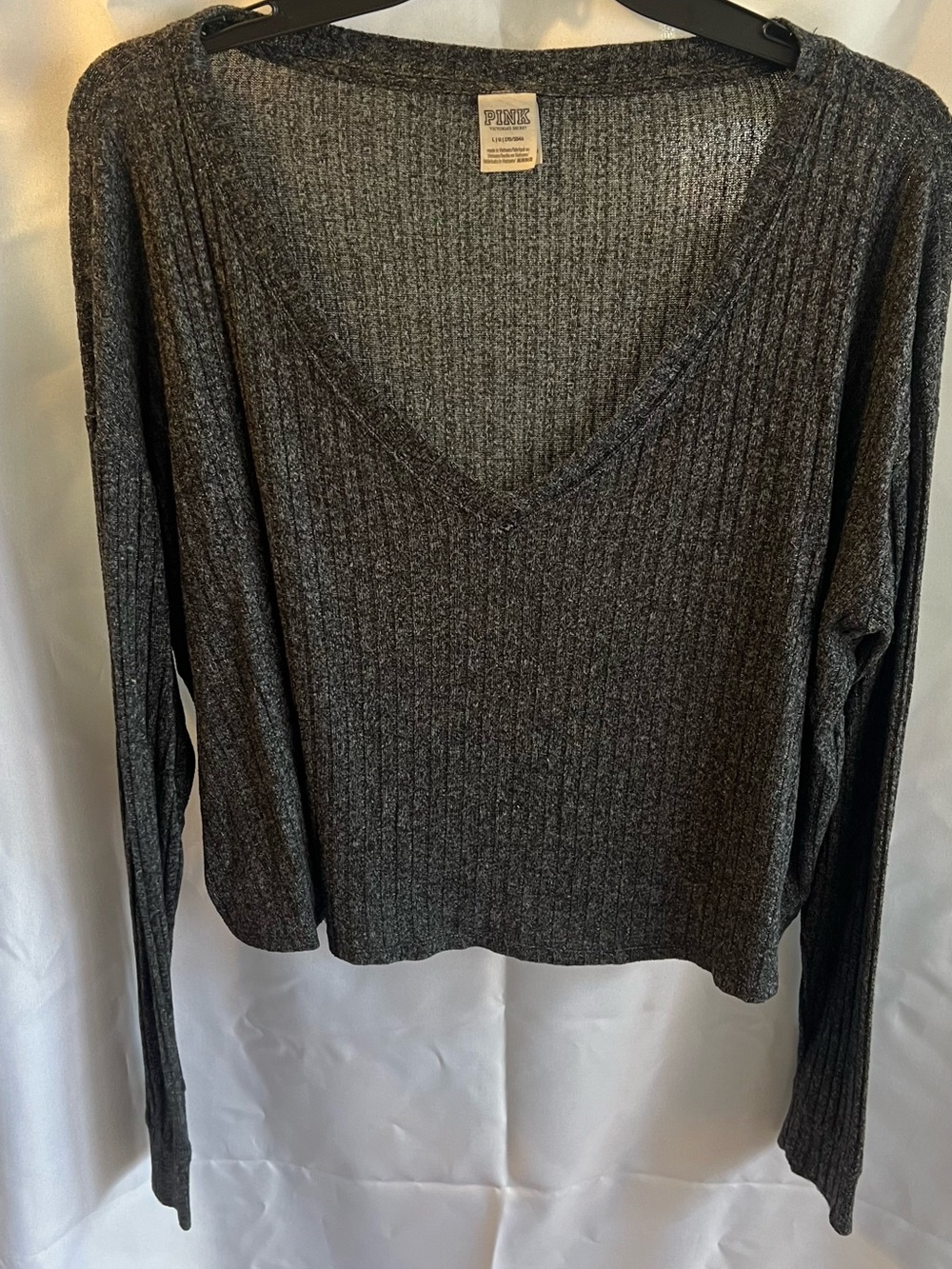 PINK Victoria's Secret Ribbed V-Neck Long Sleeve Top - Charcoal